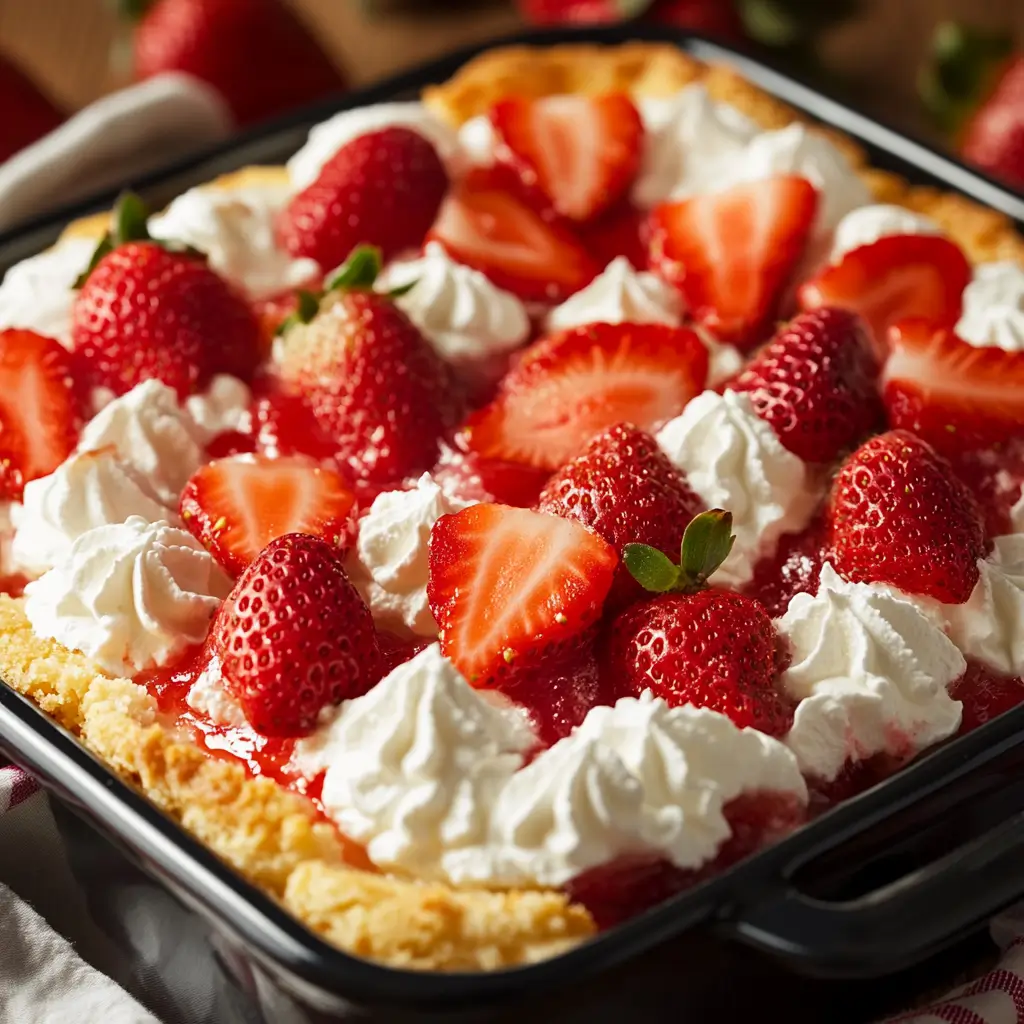 Finished Strawberry Cheesecake Dump Cake A fresh, warm strawberry cheesecake dump cake out of the oven, topped with a few strawberries and whipped cream.