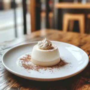 Finished Carnivore Vanilla Cream Panna Cotta A plated panna cotta topped with whipped cream and a sprinkle of sea salt, served on a small white plate.