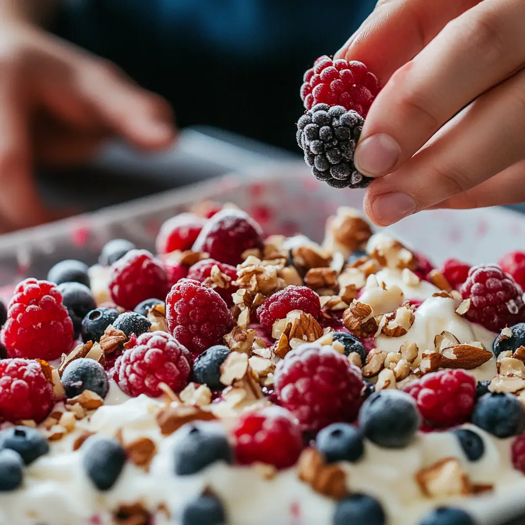 Adding Fresh Berries and Nuts to Keto Desserts Topping frozen heavy cream keto desserts with fresh berries and nuts for added flavor. A spoonful of creamy frozen keto dessert topped with berries, ready to be enjoyed