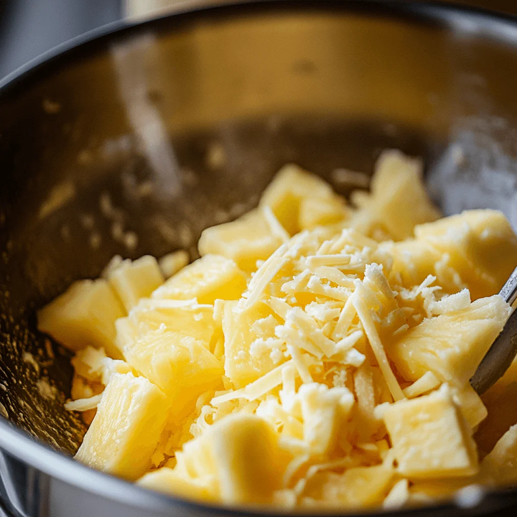 Mixing Pineapple and Cheese A close-up of a mixing bowl showing pineapple chunks, shredded cheddar cheese, and sugar being combined for pineapple casserole