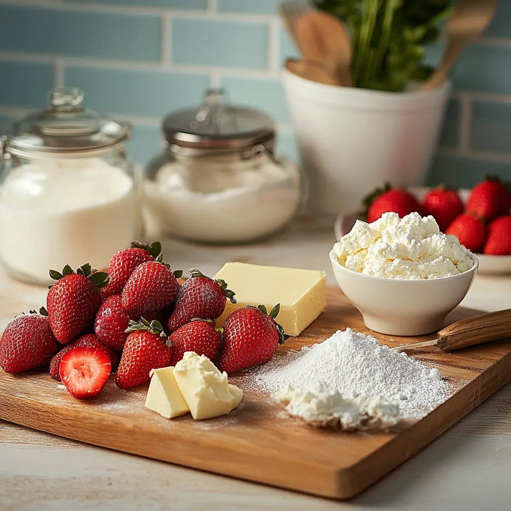 Fresh Ingredients for Strawberry Cheesecake Dump Cake Ingredients for strawberry cheesecake dump cake laid out on a kitchen counter, including fresh strawberries, cream cheese, butter, and cake mix.