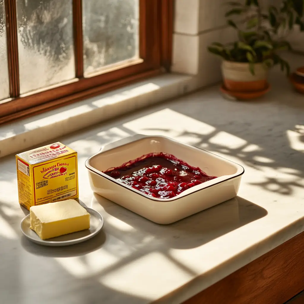 Ingredients for Cherry Dump Cake A 9x13 baking dish with a can of cherry pie filling, a box of yellow cake mix, and a stick of butter on a kitchen countertop.