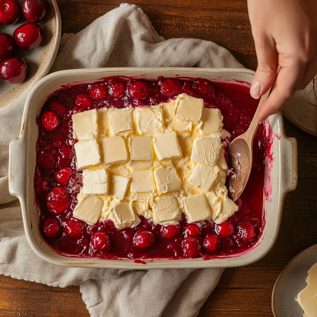 Assembling the Cherry Dump Cake A person layering cherry pie filling, cake mix, and butter pats in a baking dish, captured from an overhead angle.