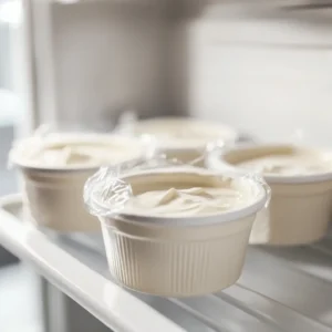 Panna Cotta Setting in Ramekins Panna cotta mixture poured into white ramekins, covered with plastic wrap, and set in the fridge