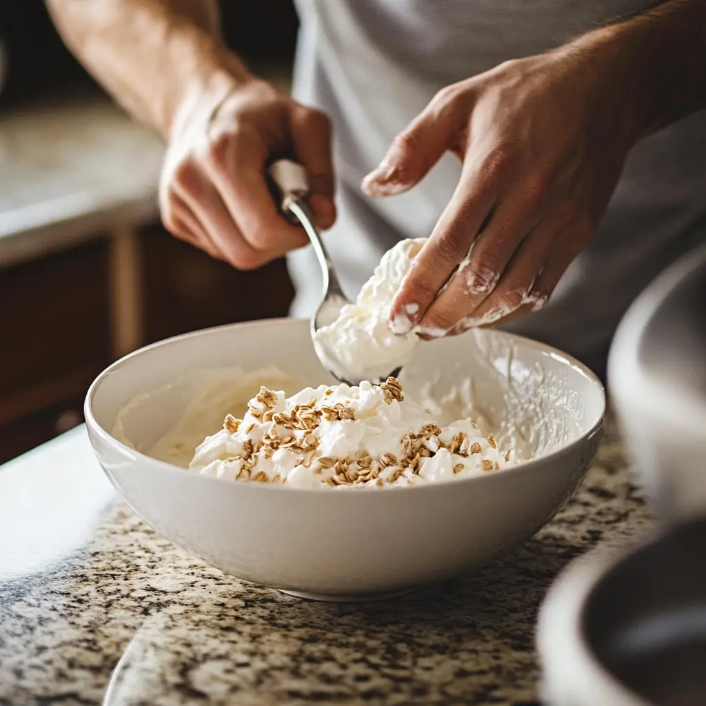 Mixing the Ingredients for Creamy Protein Pudding A person stirring Greek yogurt, protein powder, and almond milk in a bowl to make protein pudding.
