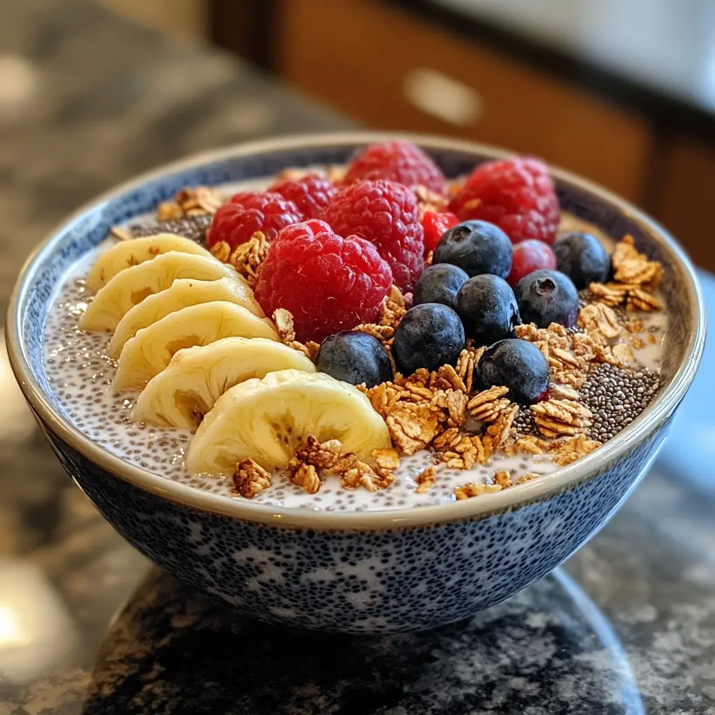 Protein Pudding with Fruit and Granola Toppings A bowl of protein pudding topped with fruit, granola, and chia seeds for extra texture and nutrition.