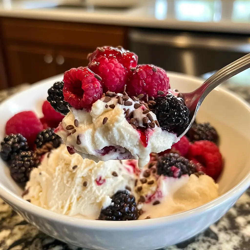 A Spoonful of Frozen Heavy Cream Keto Dessert A spoonful of creamy frozen keto dessert topped with berries, ready to be enjoyed.