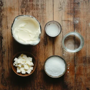 Ingredients for Carnivore Vanilla Cream Panna Cotta Ingredients for panna cotta laid out, including heavy cream, gelatin powder, water, and sea salt.