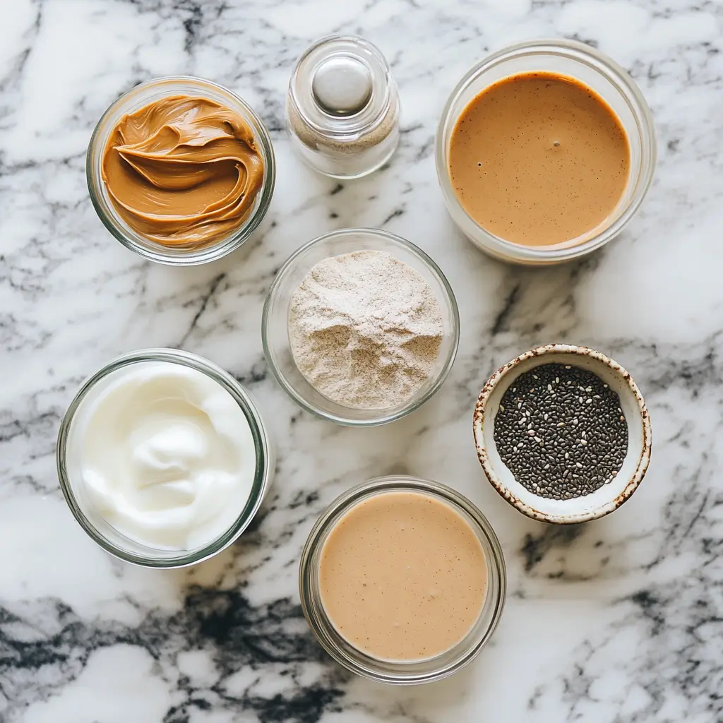 Gather Your Ingredients for Protein Pudding A flat lay of ingredients for protein pudding including Greek yogurt, protein powder, almond milk, peanut butter, and chia seeds.