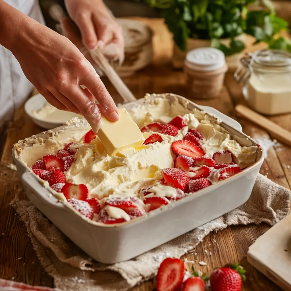 Assembling the Strawberry Cheesecake Dump Cake A hand layering ingredients in a baking dish for strawberry cheesecake dump cake, with butter and cake mix visible.