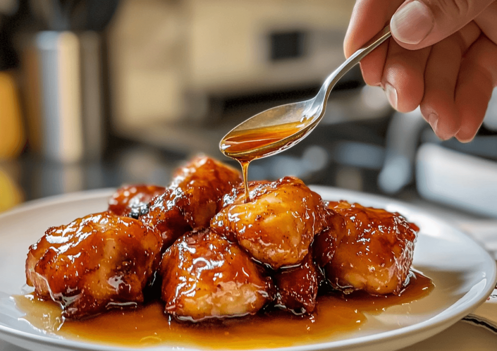 A hand drizzling honey glaze over cooked chicken pieces on a white plate."