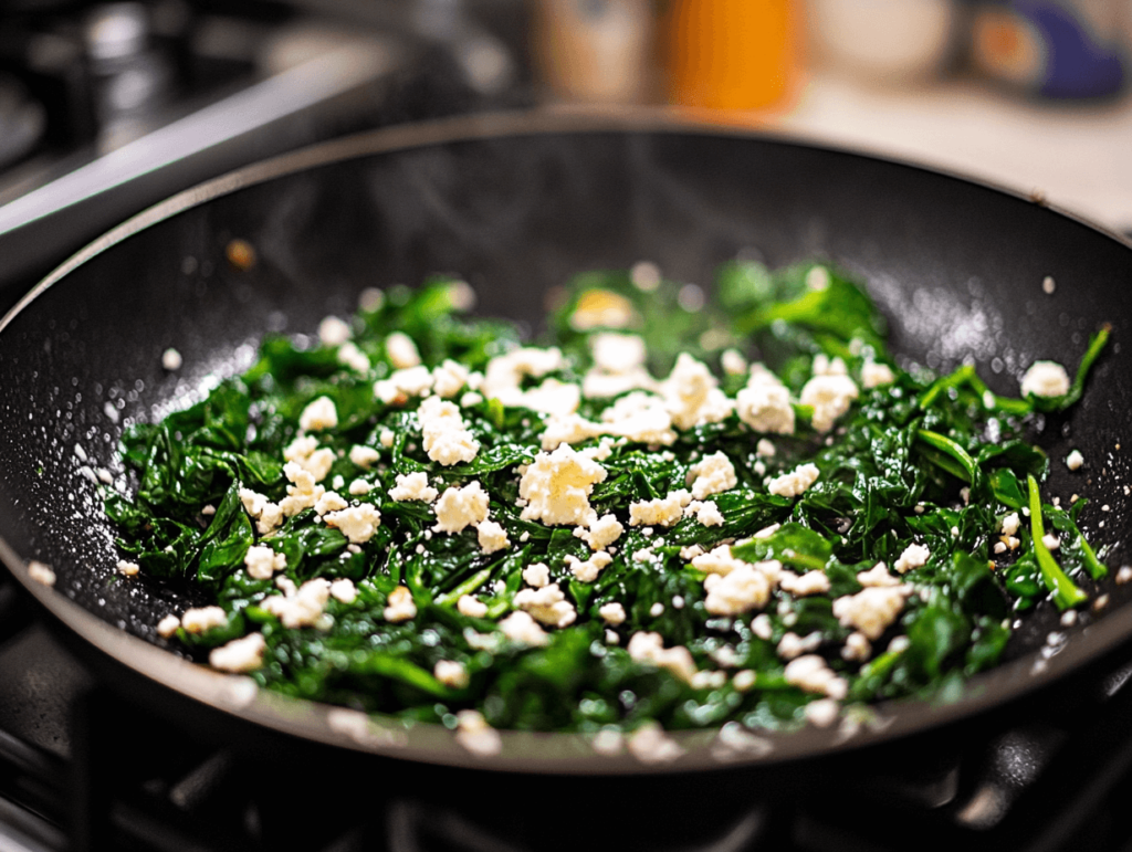 Spinach sautéing in a pan with crumbled feta cheese, cooking in a home kitchen setting."