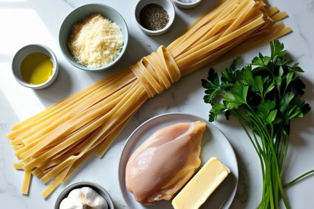 A flat-lay of fresh ingredients for Garlic Parmesan Pasta, including garlic cloves, Parmesan cheese, pasta, chicken breasts, and parsley.