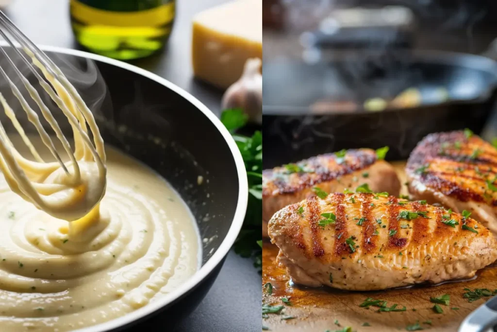 A saucepan with garlic being sautéed in butter, cream being poured in, and Parmesan cheese ready to be whisked into the sauce