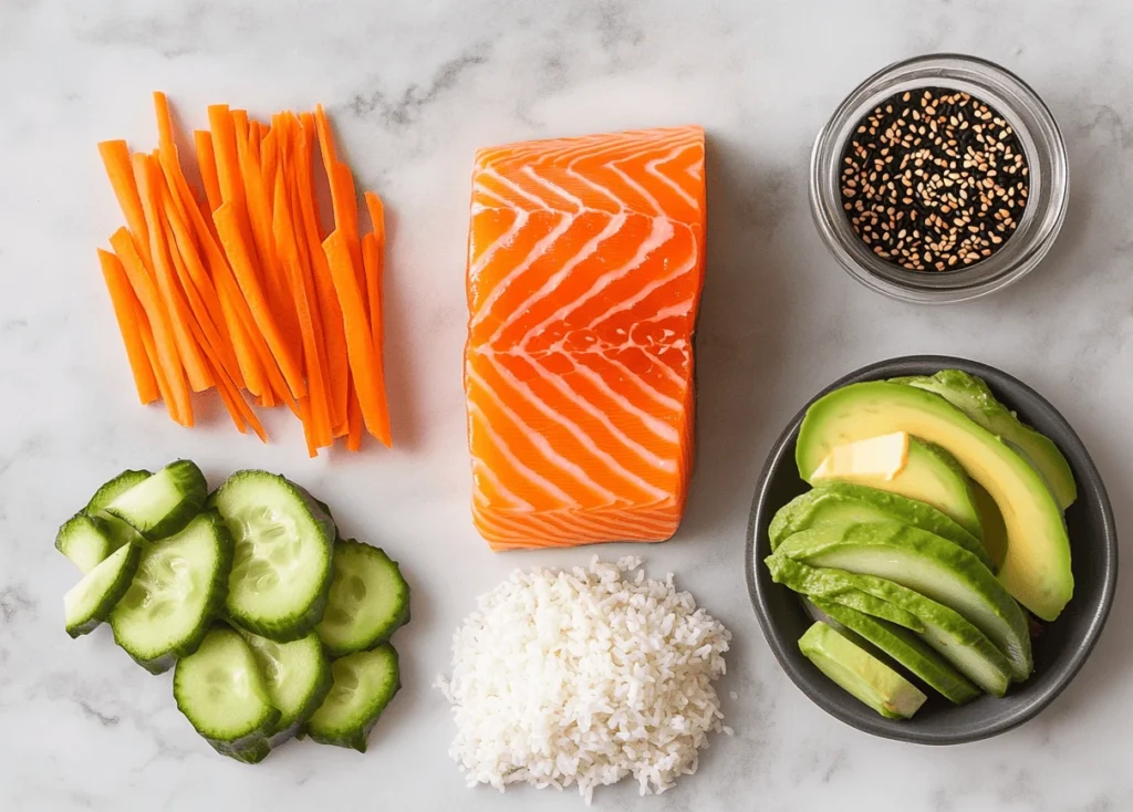 A flat lay of all the ingredients for a salmon rice bowl: fresh salmon, rice, cucumber, avocado, carrots, and sesame seeds