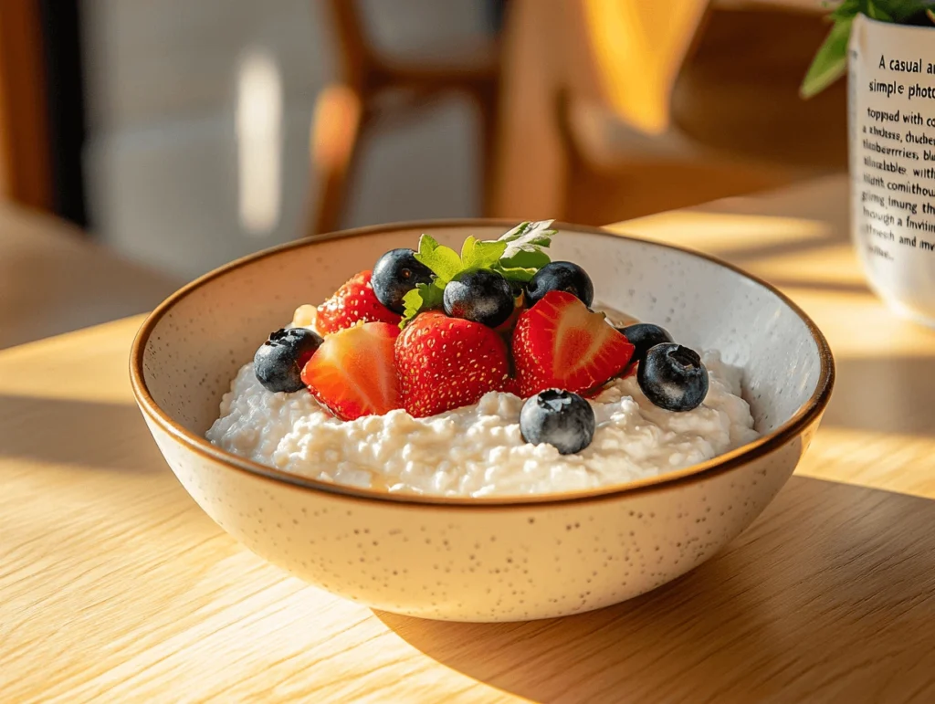 A breakfast bowl filled with cottage cheese, topped with fresh strawberries, blueberries, and a drizzle of honey.