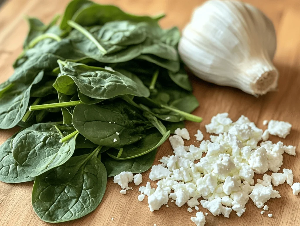 Fresh spinach leaves, crumbled feta cheese, and other ingredients laid out on a kitchen countertop."