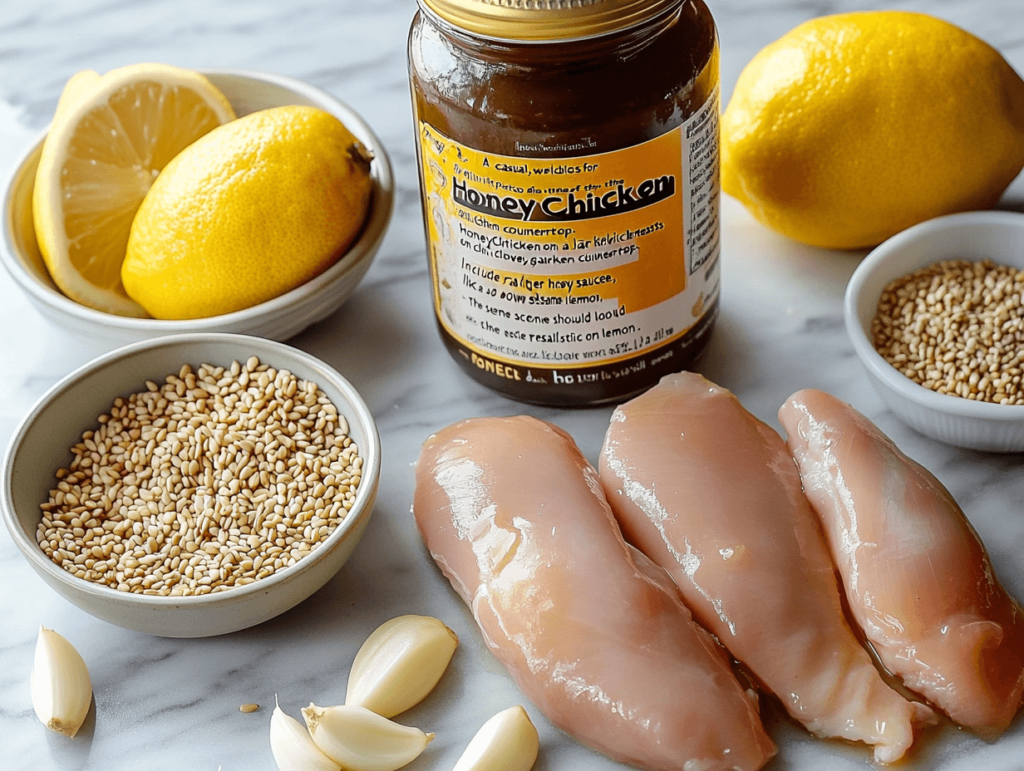 "A variety of fresh ingredients for Honey Chicken, including chicken breasts, garlic, honey, and soy sauce