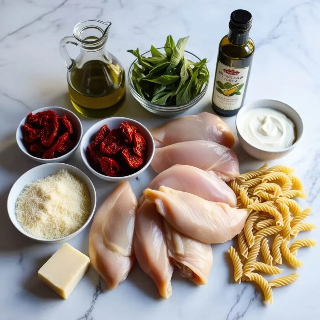 A collection of fresh ingredients for Marry Me Chicken Pasta, including chicken breasts, sun-dried tomatoes, parmesan cheese, cream, and pasta