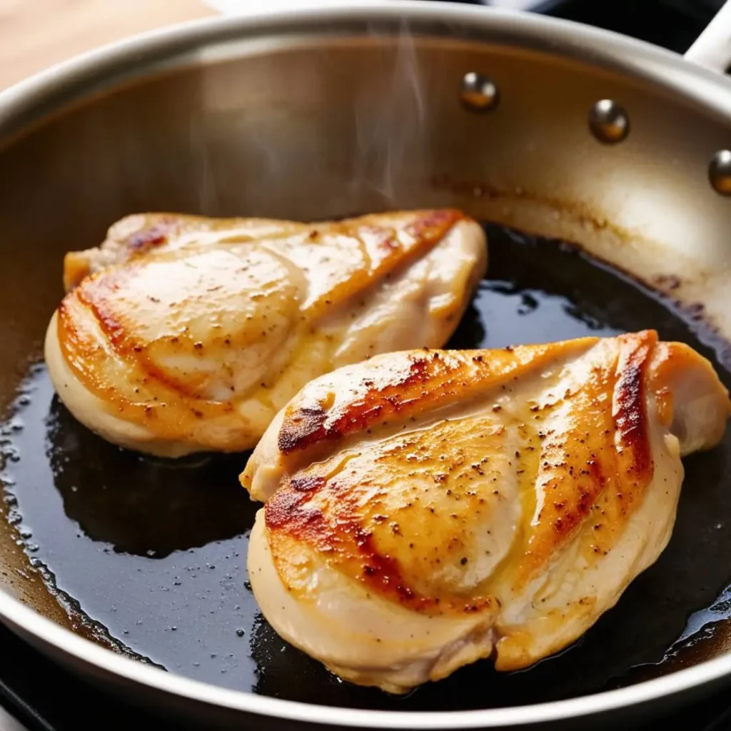 A close-up of chicken breasts sizzling in a pan, with golden-brown sear marks, ready to be used in Marry Me Chicken Pasta