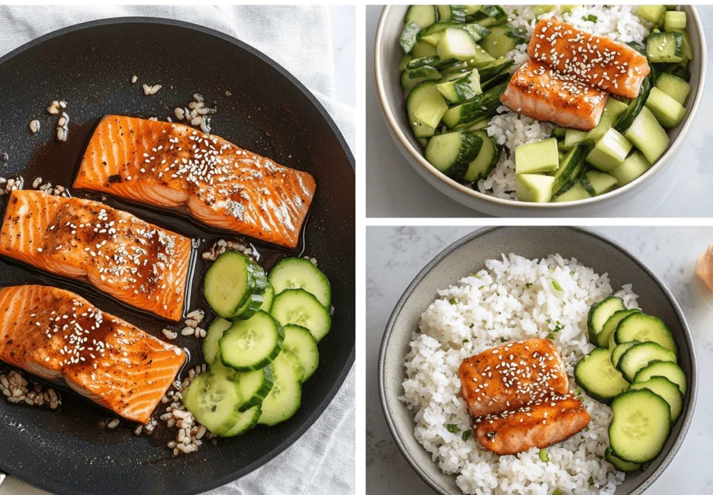 A series of images showing the process of cooking salmon, preparing rice, and assembling a salmon rice bow