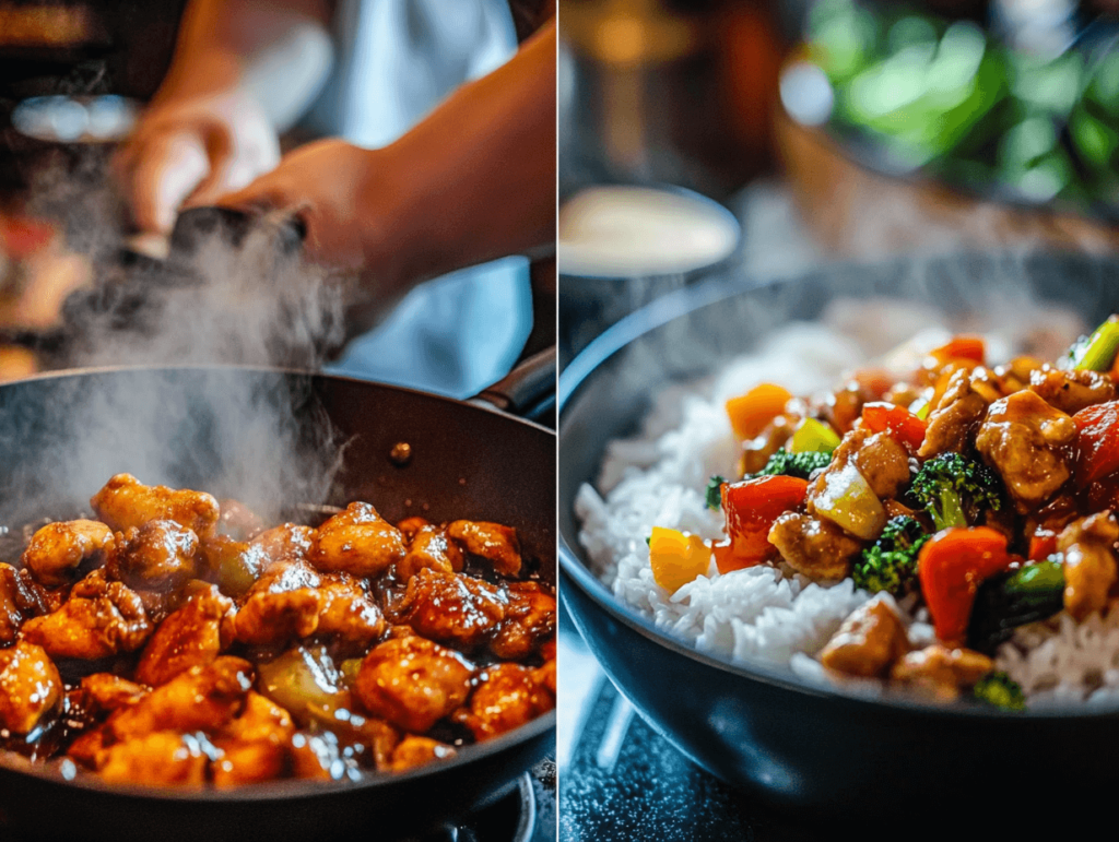 Cooking the chicken rice bowl with steps: frying chicken, sautéing vegetables, and combining ingredients