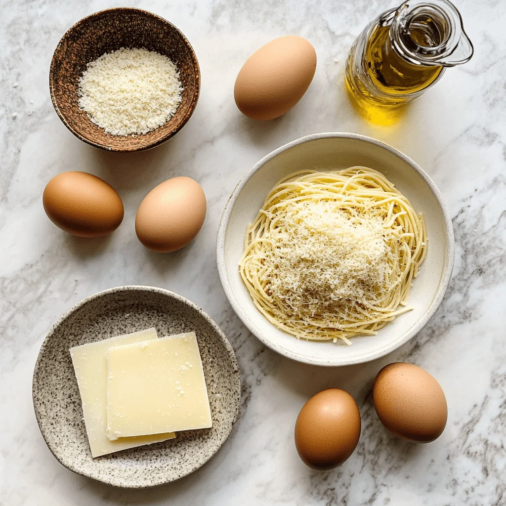Ingredients for Capellini Cakes A flat lay of ingredients laid out for making capellini cakes, including pasta, eggs, breadcrumbs, and cheese.