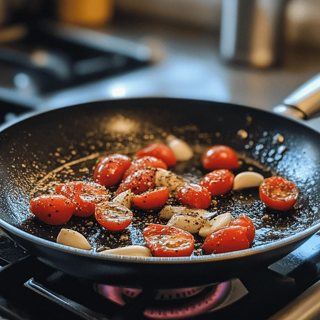 Sautéing Garlic and Cherry Tomatoes A pan with sizzling garlic and halved cherry tomatoes being sautéed in olive oil.