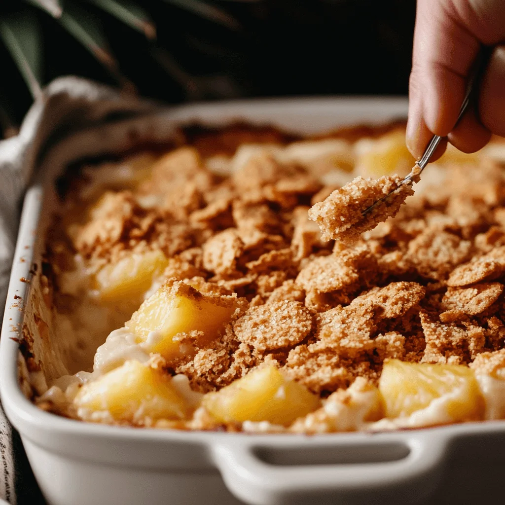 Adding the Crunchy Topping A hand sprinkling a buttery Ritz cracker topping over a pineapple casserole in a baking dish