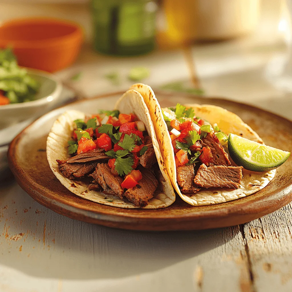 A plate of two freshly made pot roast tacos with cilantro and lime wedges