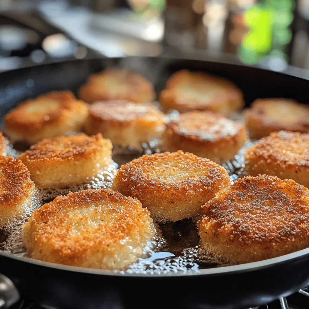 Crispy Capellini Cakes in a Pan A close-up shot of crispy capellini cakes frying in a pan with golden brown edges.