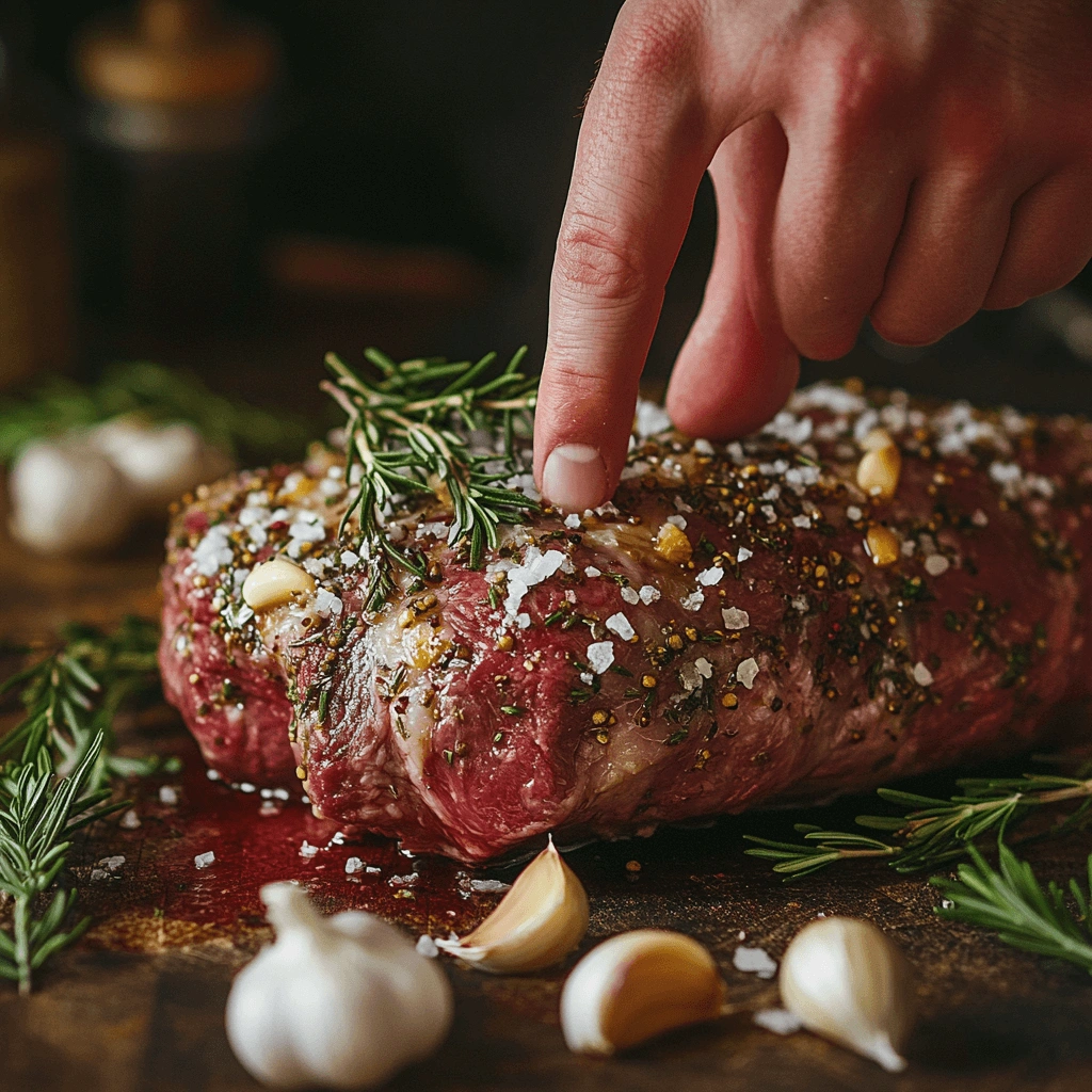 Marinating the Venison Roast A hand massaging a deer roast with garlic, herbs, and seasoning for marination in a bowl.