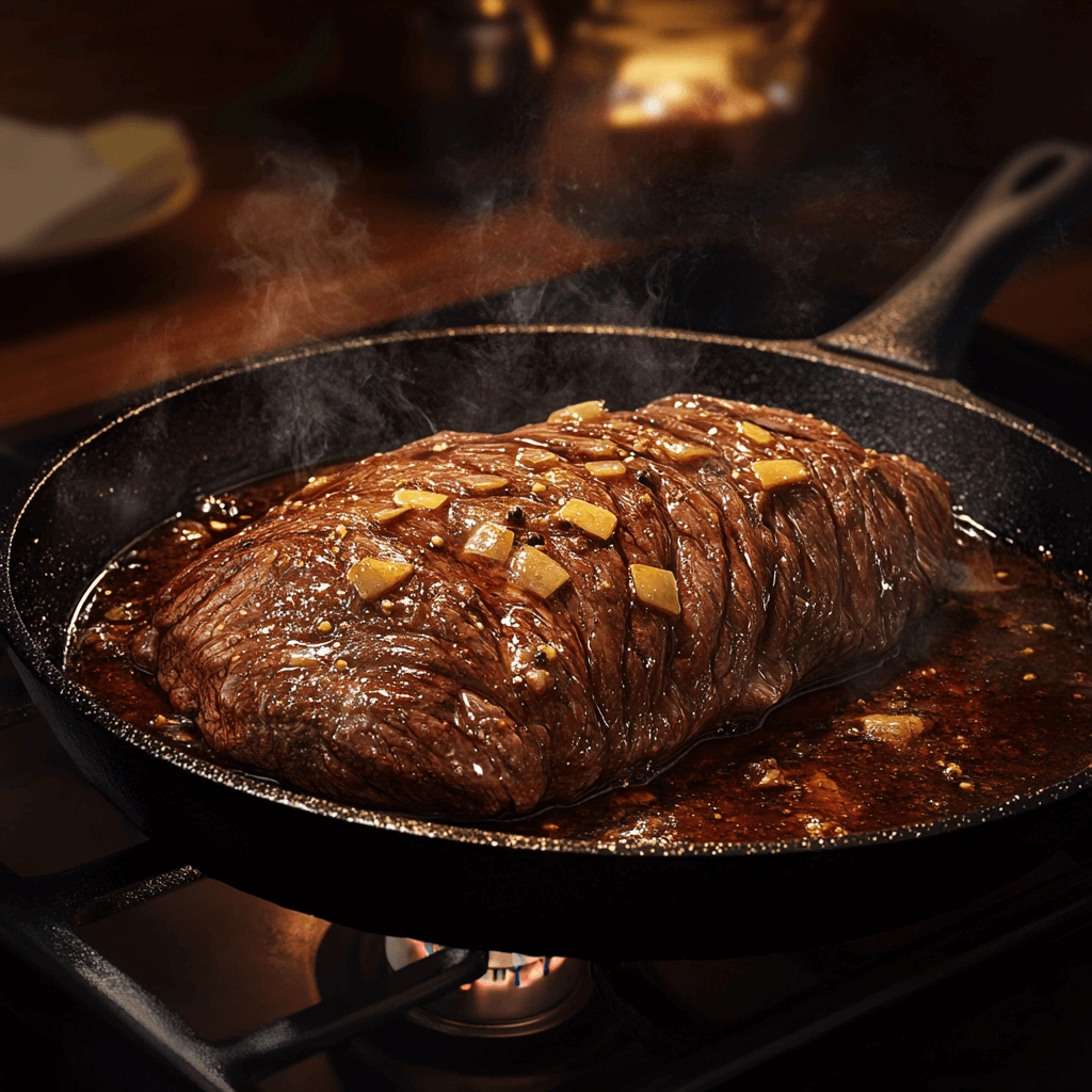 Searing the Deer Roast for a Perfect Crust-a470-4b08-b315-0d8ca5a8412e_1 A seared venison roast in a cast iron skillet, browning on all sides with sizzling sound effects visible.