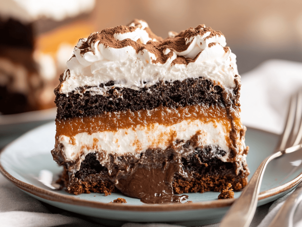 A close-up shot of a slice of Death by Chocolate Poke Cake, showcasing layers of chocolate cake, chocolate pudding, and whipped cream