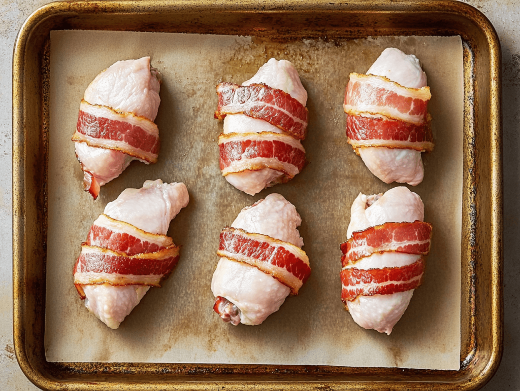 A tray with uncooked bacon-wrapped chicken tenders arranged neatly before baking.