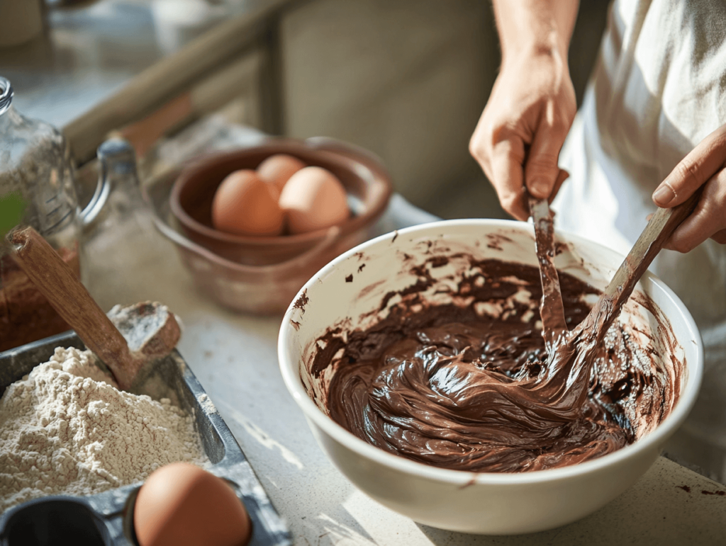 A person mixing ingredients in a bowl to prepare the cake batter for Death by Chocolate Poke Cake