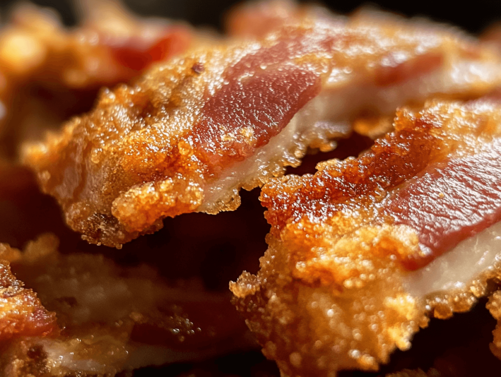 A close-up of perfectly baked bacon-wrapped chicken tenders with crispy bacon edges.