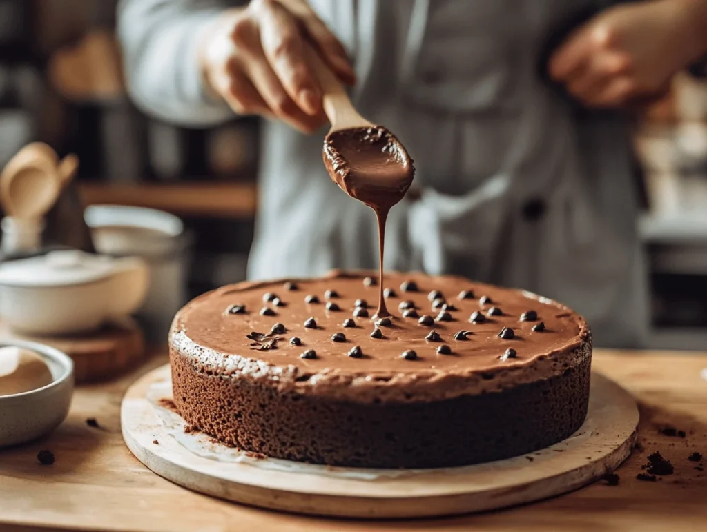 A close-up of a chocolate cake with holes being poked using the handle of a wooden spoon, with pudding being poured into the holes.
