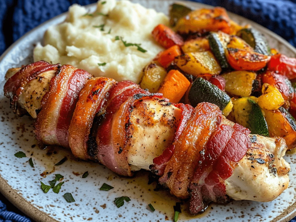 A plate with bacon-wrapped chicken tenders, roasted vegetables, and mashed potatoes on the side.