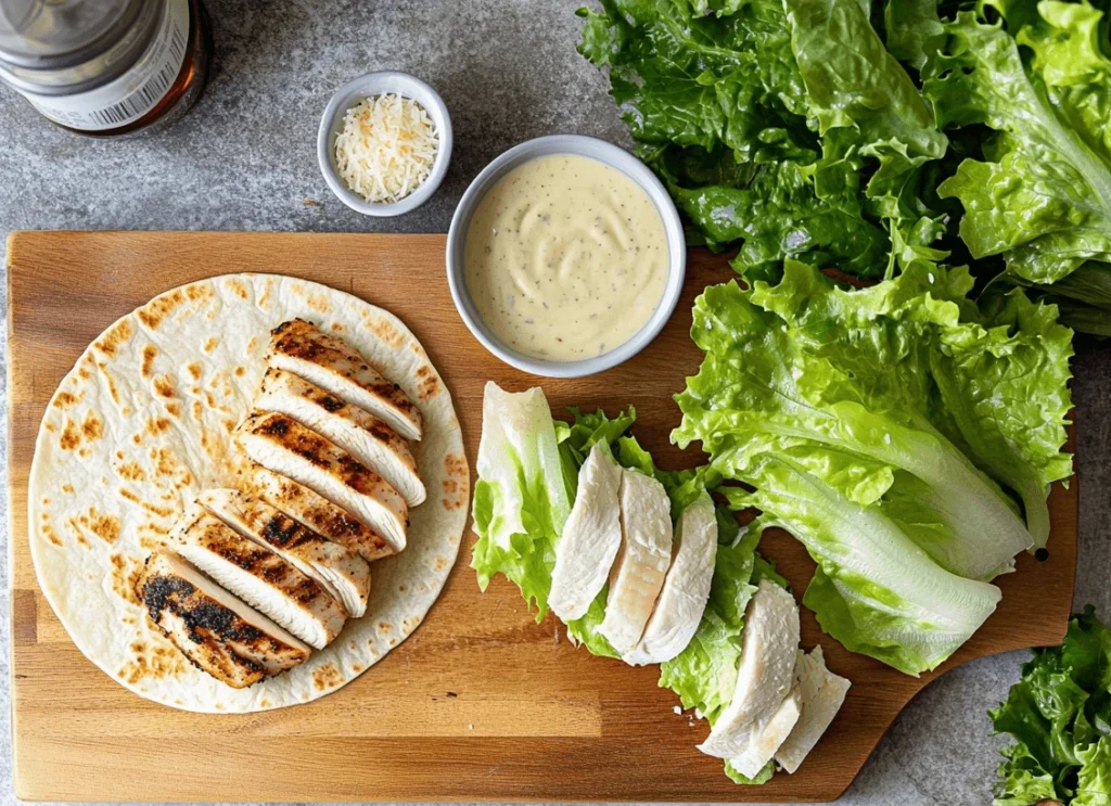 "A flat lay of ingredients for a chicken Caesar wrap, including grilled chicken, romaine lettuce, tortillas, Parmesan cheese, and Caesar dressing."