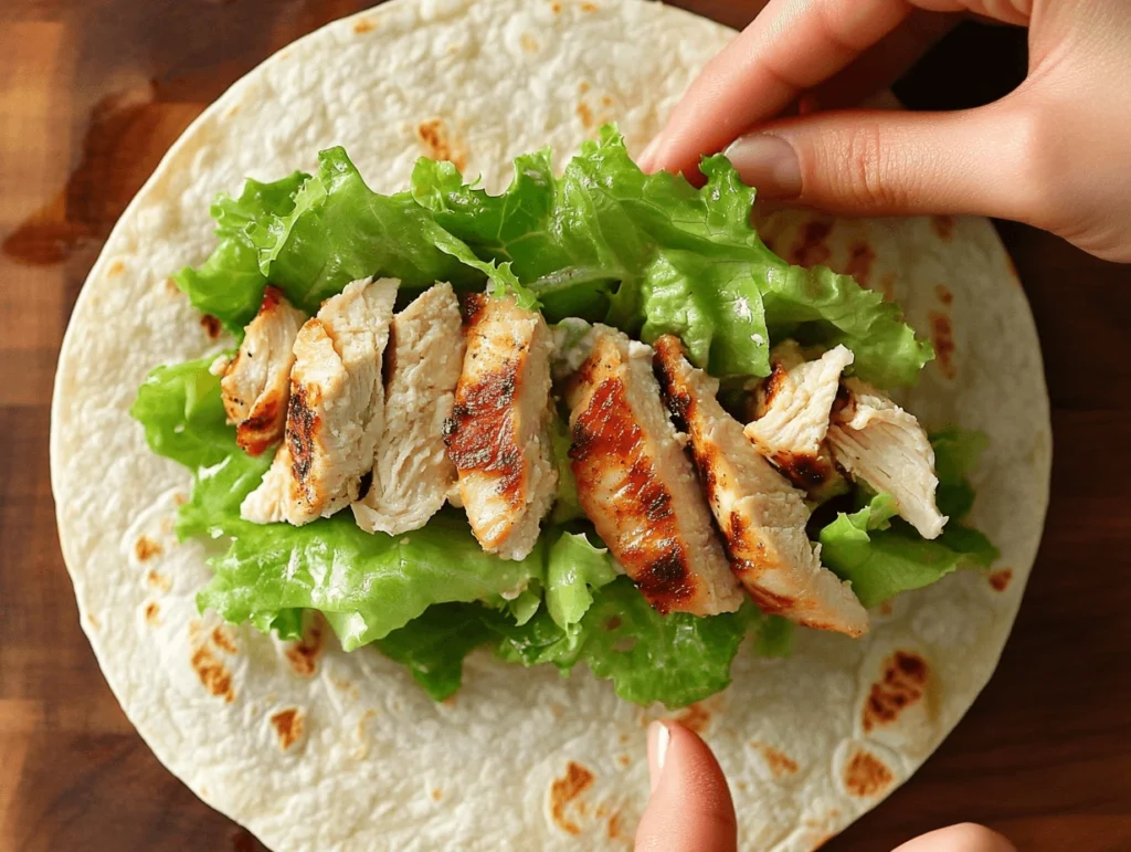 "Hands rolling a chicken Caesar wrap tightly, ensuring all ingredients are well wrapped inside the tortilla.