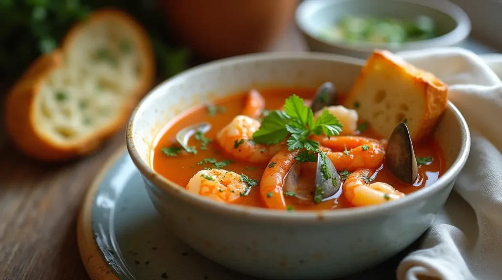 A steaming bowl of clam shrimp broth with herbs, served with a slice of garlic bread.