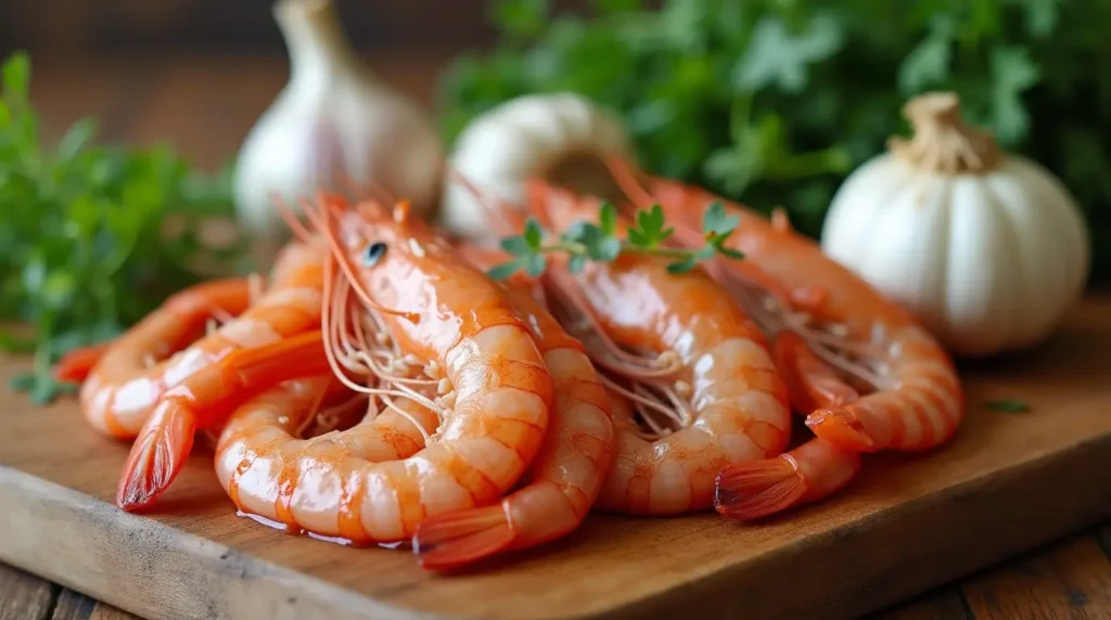 Fresh shrimp, clams, garlic, herbs, and vegetables laid out on a wooden cutting board.