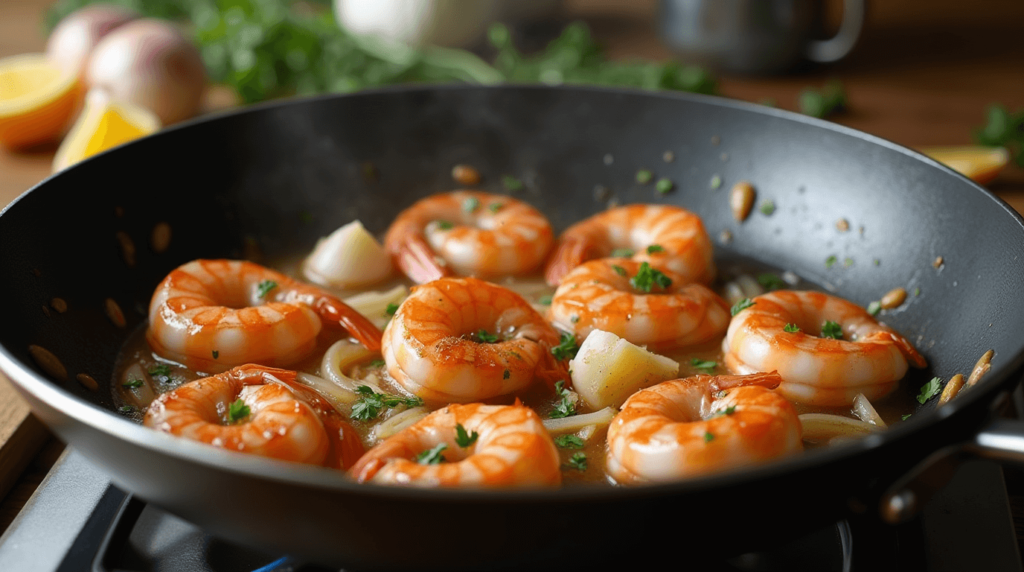 Shrimp and clams sautéing in a pan with garlic and onions.