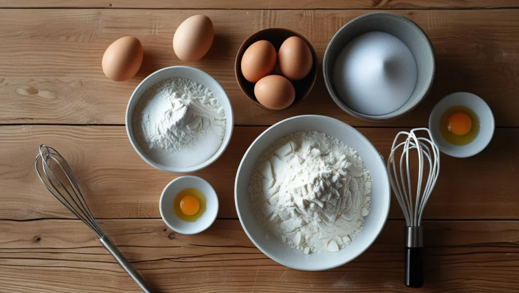 All the ingredients needed to make almond macaroons displayed on a wooden kitchen table.