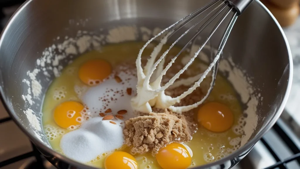 A bowl with almond flour, egg whites, and sugar being mixed together with a whisk.