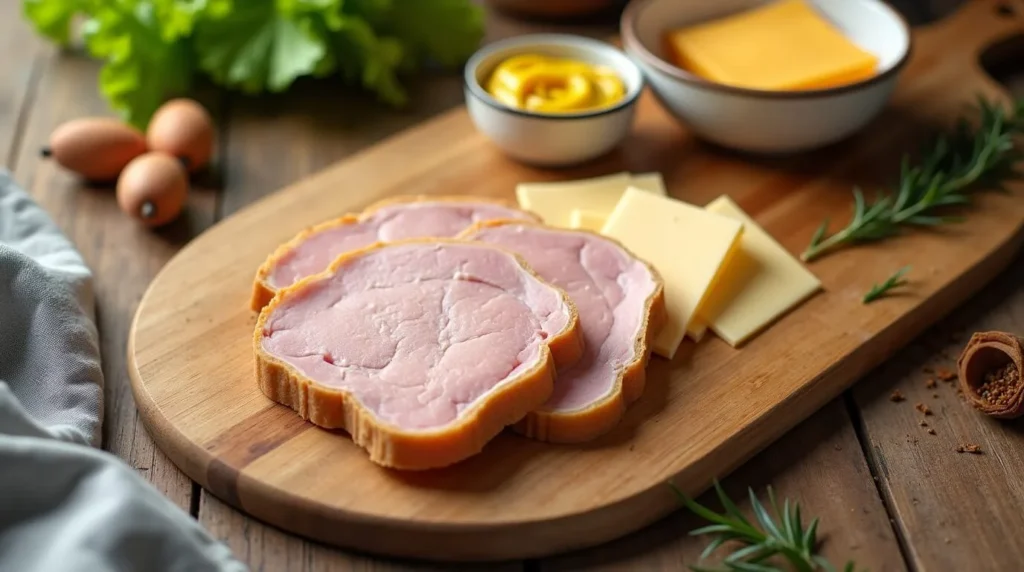 A wooden cutting board with sliced turkey, Swiss cheese, mustard, and fresh lettuce, arranged neatly."