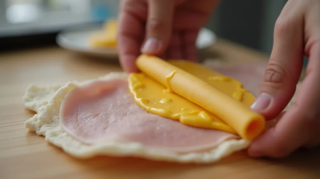 Hands rolling a slice of turkey around a piece of Swiss cheese, with mustard spread inside."