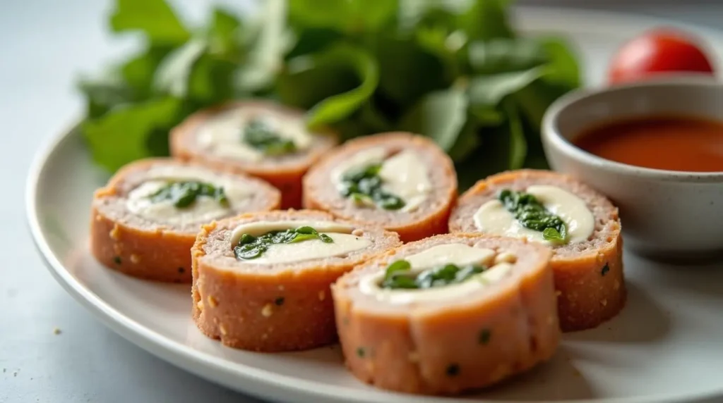 A plate with Swiss Turkey Rolls sliced into bite-sized pieces, served with dipping sauce and a side of fresh salad."