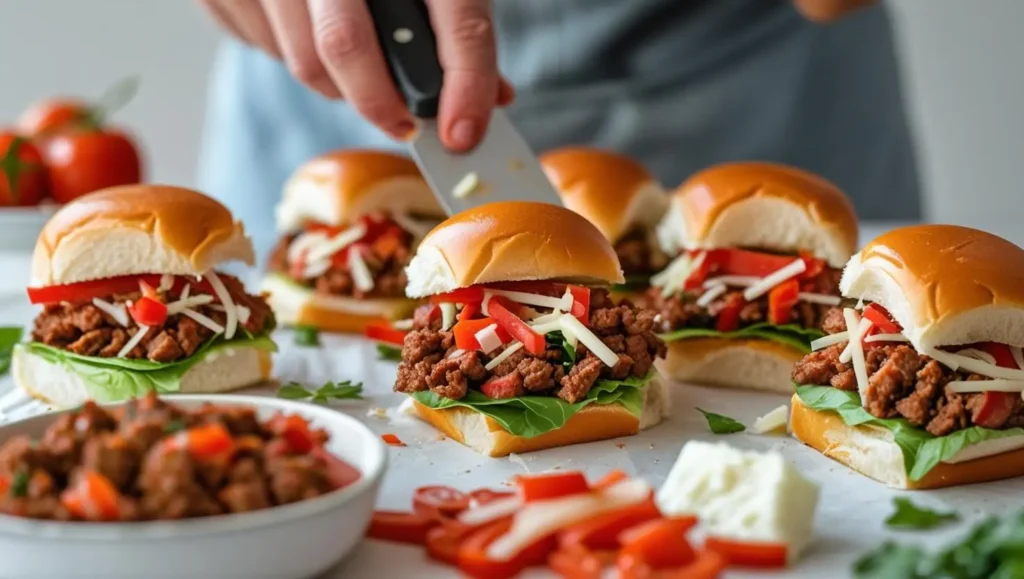 Step-by-step process of assembling chopped Italian sliders with fillings and cheese in the buns."
